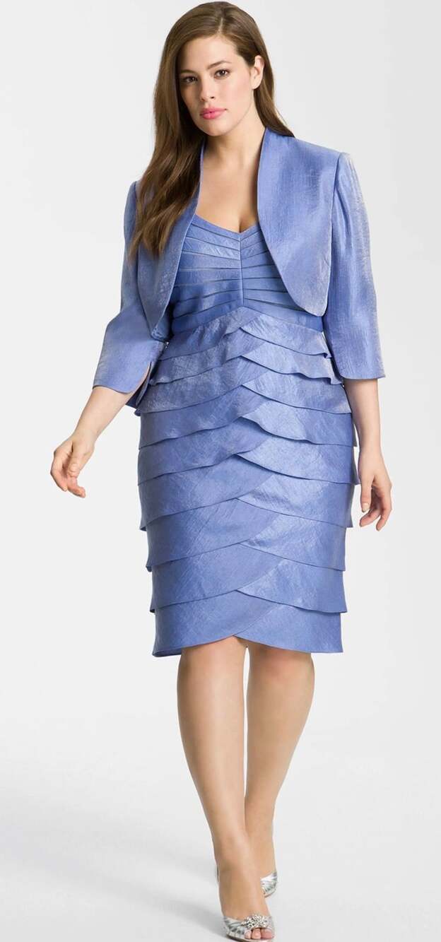 Adrianna Papell Hammered Shimmer Jacket with Tiered Short Dress Blue